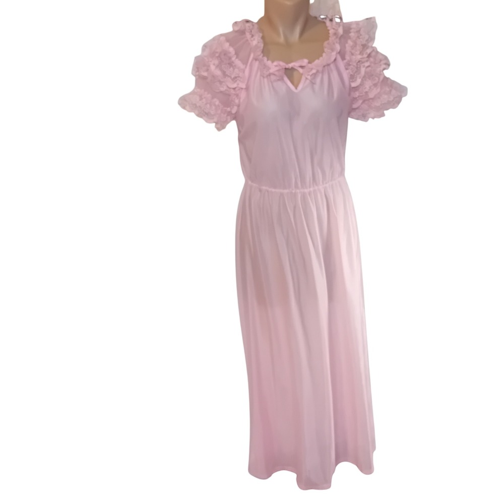 Vintage 80s Bloomies Pink Lace Trim Nightgown Maxi Dress Ruffle Coquette Fit M-L